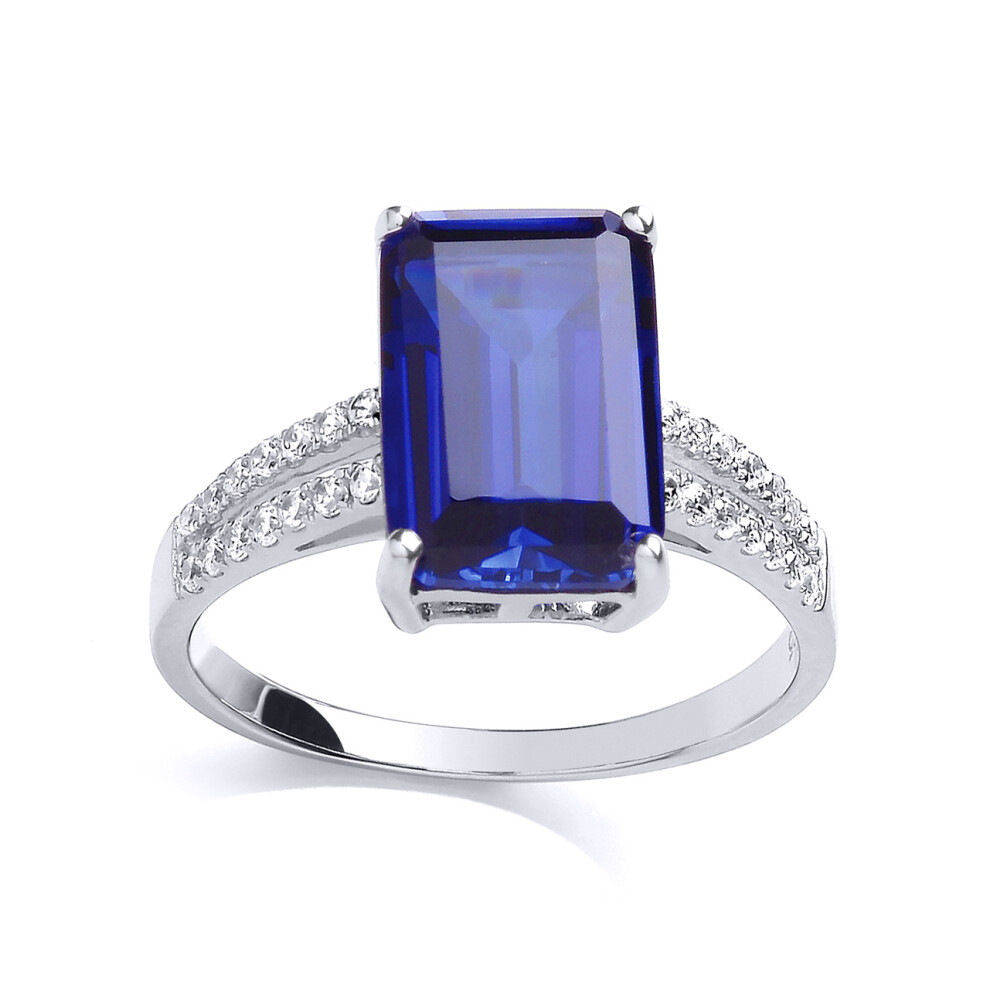(M) Jewelco London Ladies Rhodium Sterling Silver Blue Emerald Cut CZ Shoulder-Set 4 Claw Solitaire Engagement Ring