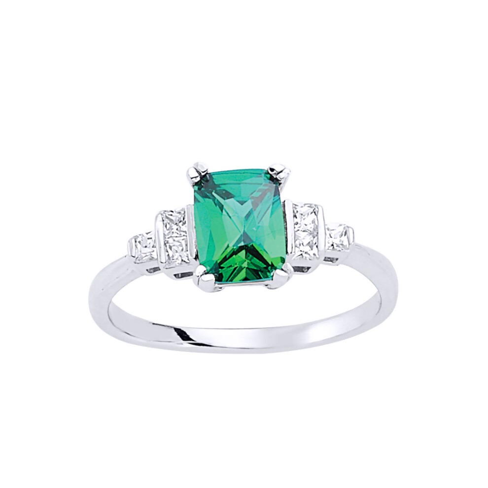 (M) Jewelco London Ladies Rhodium Sterling Silver Green Emerald and Princess Cut Cubic Zirconia Solitaire Engagement Ring