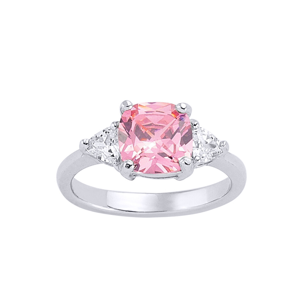 (M) Jewelco London Ladies Rhodium Sterling Silver Pink Cushion Triangle CZ Shoulder-Set 4 Claw Solitaire Engagement Ring