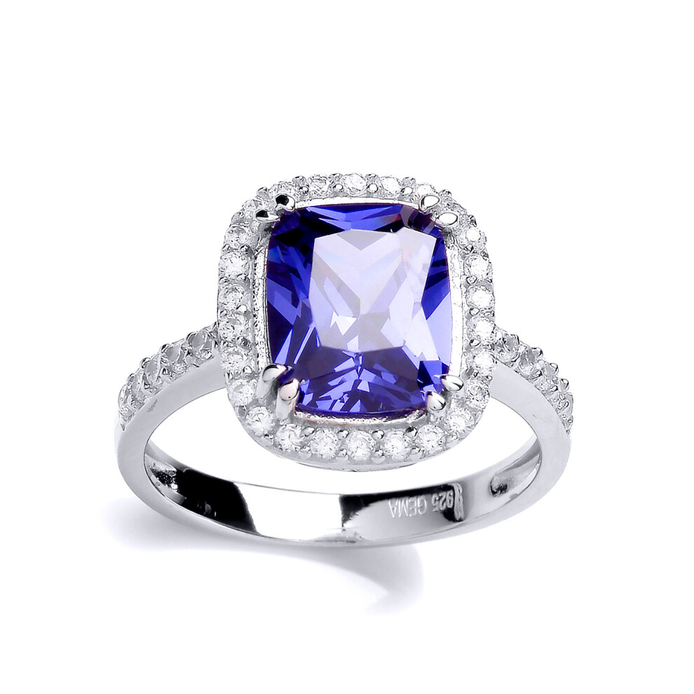 (M) Jewelco London Ladies Rhodium Sterling Silver Purple Emerald Cut CZ Shoulder-Set Halo Solitaire Engagement Ring