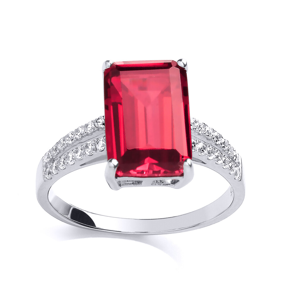(M) Jewelco London Ladies Rhodium Sterling Silver Red Emerald Cut CZ Shoulder-Set 4 Claw Solitaire Engagement Ring