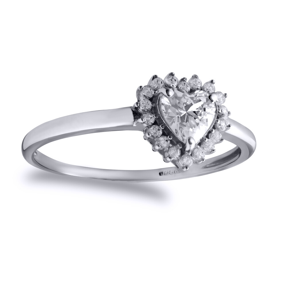 (M) Jewelco London Ladies Solid 9ct White Gold White Heart Cubic Zirconia Love Heart Halo Cluster Ring