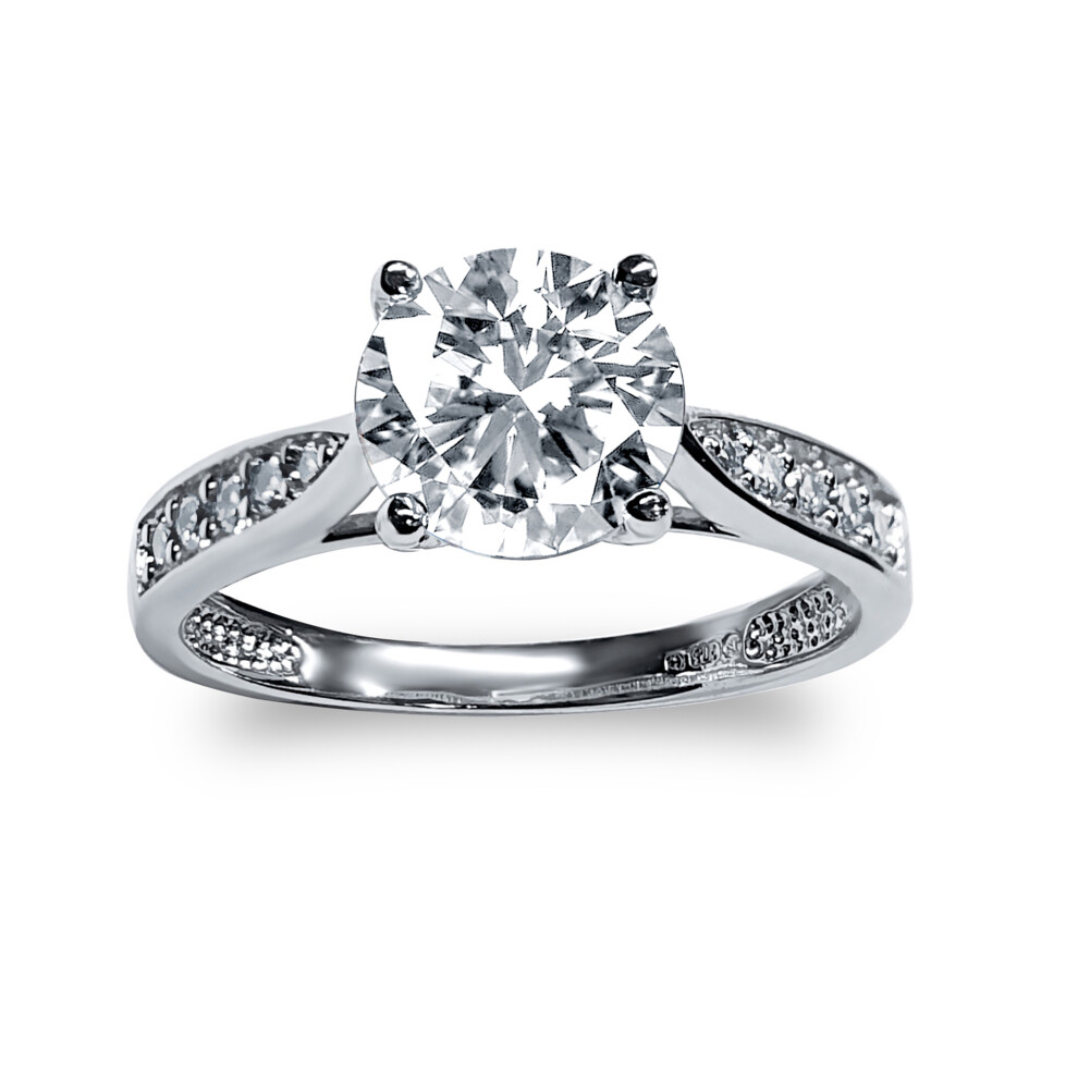 (M) Jewelco London Ladies Solid 9ct White Gold White Round Brilliant Cubic Zirconia Solitaire Shoulder Set Engagement Ring