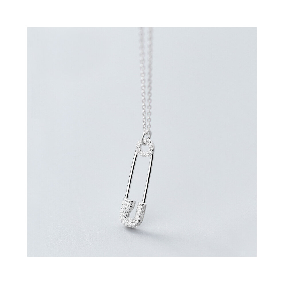MloveAcc Delicate 925 Sterling Silver Drop Charm Dainty Paper Clip Small CZ Stone Necklace Safety Pin for Women Girls