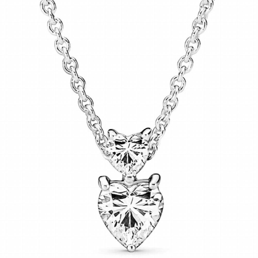 Moments Sparkling Double Heart Pendant T-bar Collier Necklace For Europe 925 Sterling Silver Bead Charm DIY Jewelry - Image 3