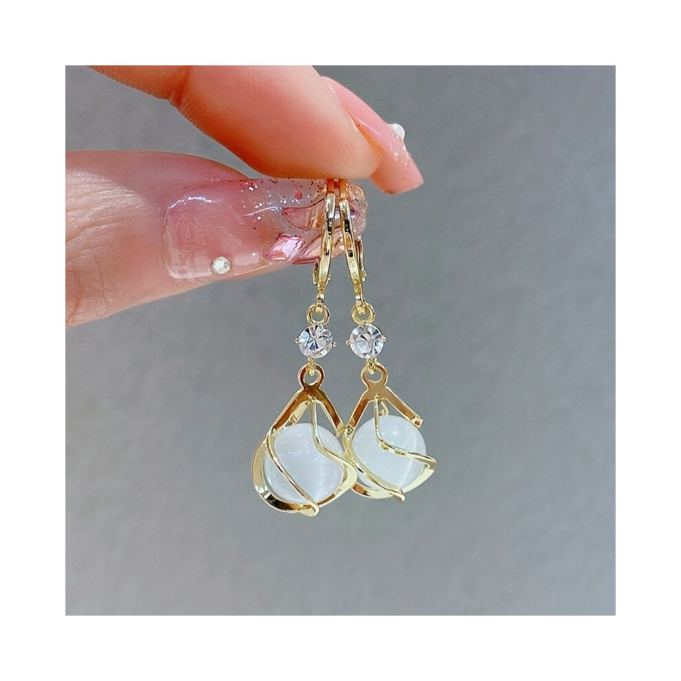 Moonstone Bead Shiny Rhinestone Decor Dangle Earrings Elegant Simple Style Copper Jewelry Delicate Female Gift - Image 2