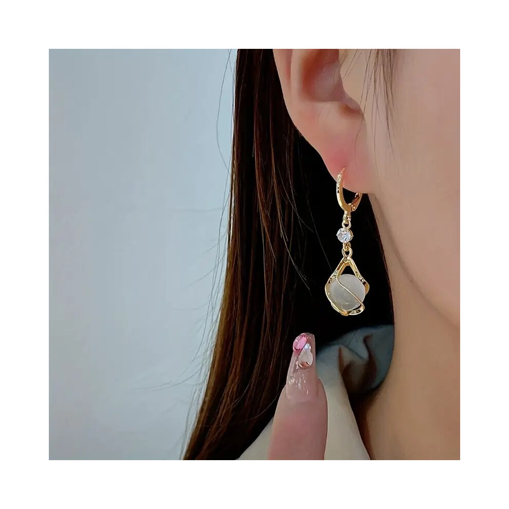 Moonstone Bead Shiny Rhinestone Decor Dangle Earrings Elegant Simple Style Copper Jewelry Delicate Female Gift - Image 3