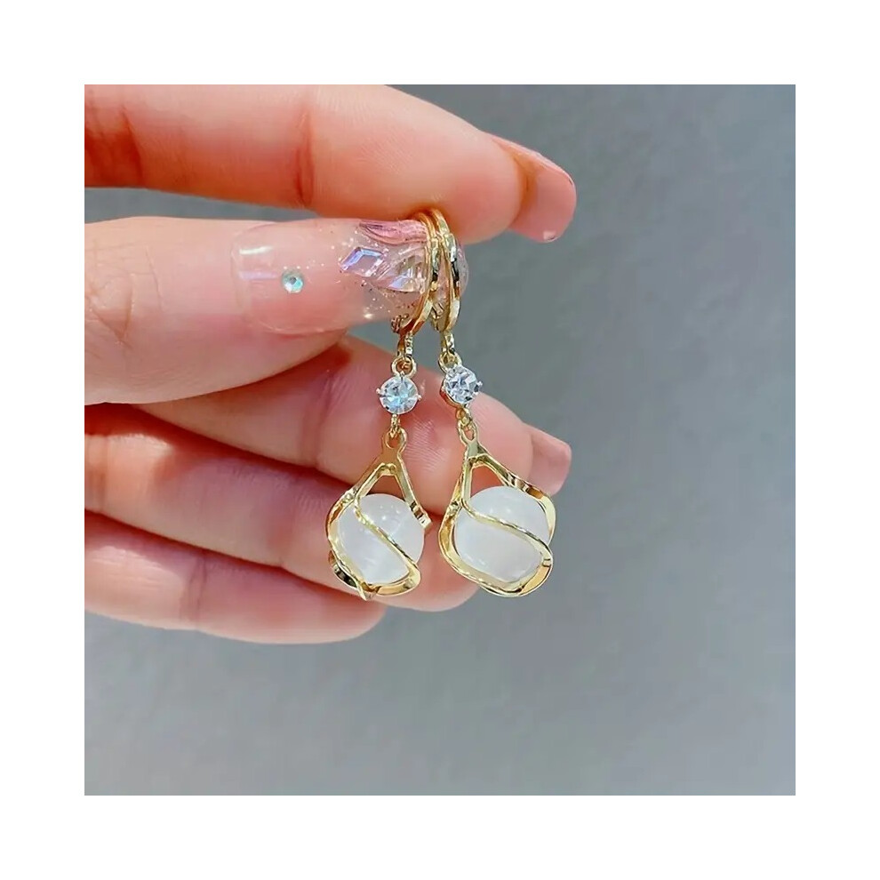 Moonstone Bead Shiny Rhinestone Decor Dangle Earrings Elegant Simple Style Copper Jewelry Delicate Female Gift - Image 5