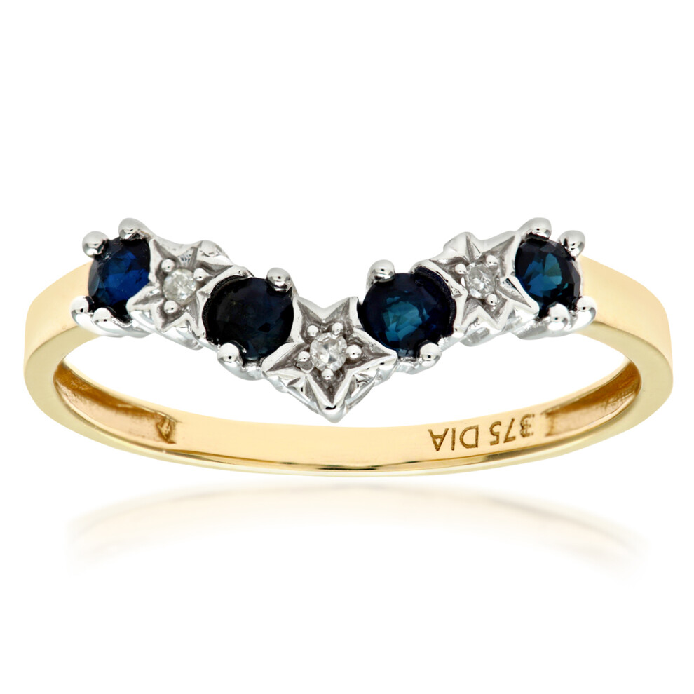 (N) Jewelco London 9ct Yellow Gold Sapphire & Diamond Wishbone Ring
