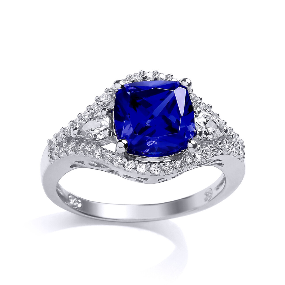 (N) Jewelco London Ladies Rhodium Plated Sterling Silver Purple Cushion Cubic Zirconia Halo Engagement Ring