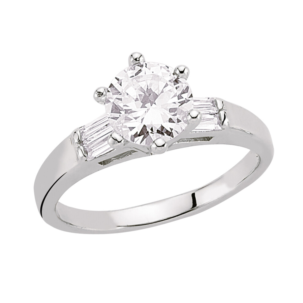 (N) Jewelco London Ladies Rhodium Sterling Silver Baguette Cubic Zirconia Shoulder-Set 6 Claw Solitaire Engagement Ring