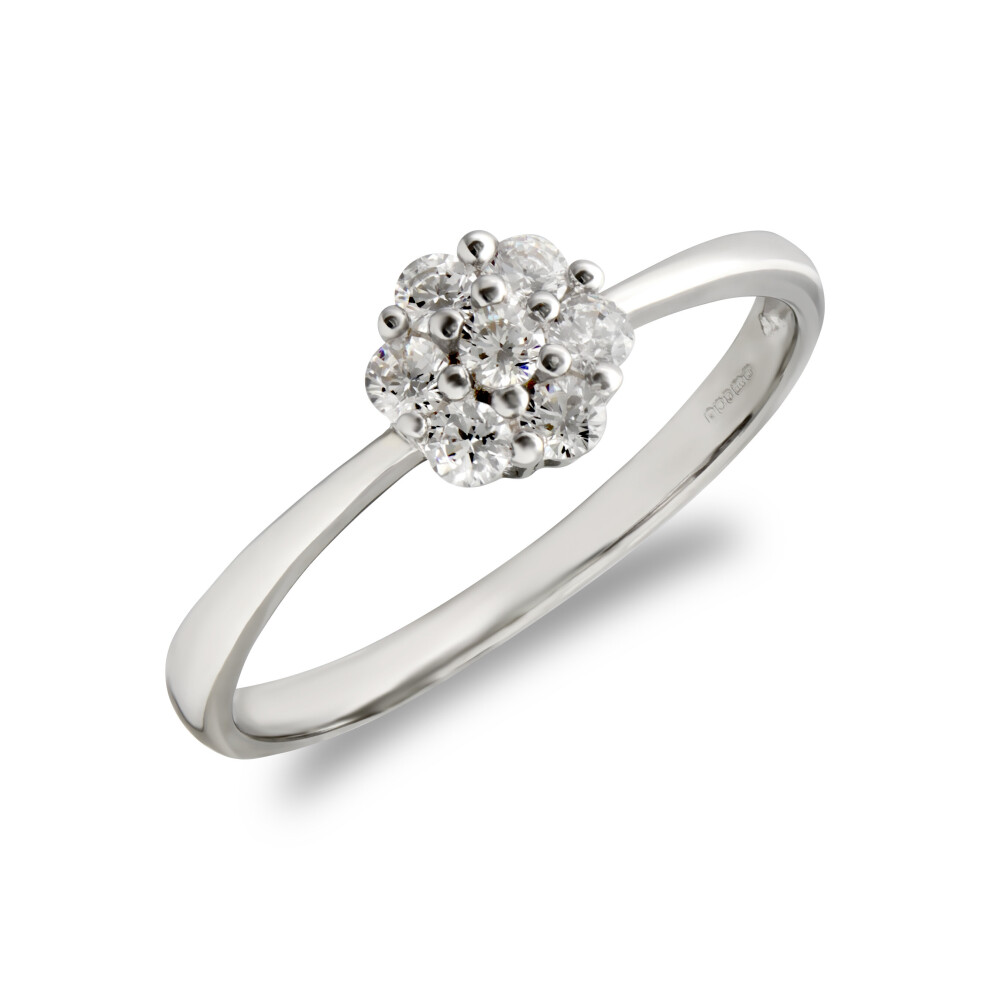 (N) Jewelco London Ladies Solid 9ct White Gold White Round Brilliant Cubic Zirconia 7 Stone Cluster Engagement Ring