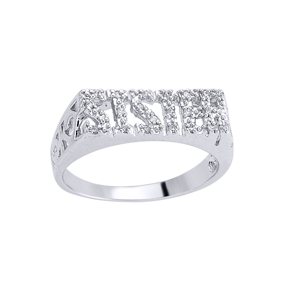 (O) Jewelco London Ladies Rhodium Plated Sterling Silver Cubic Zirconia Pave SISTER ID Signet Ring