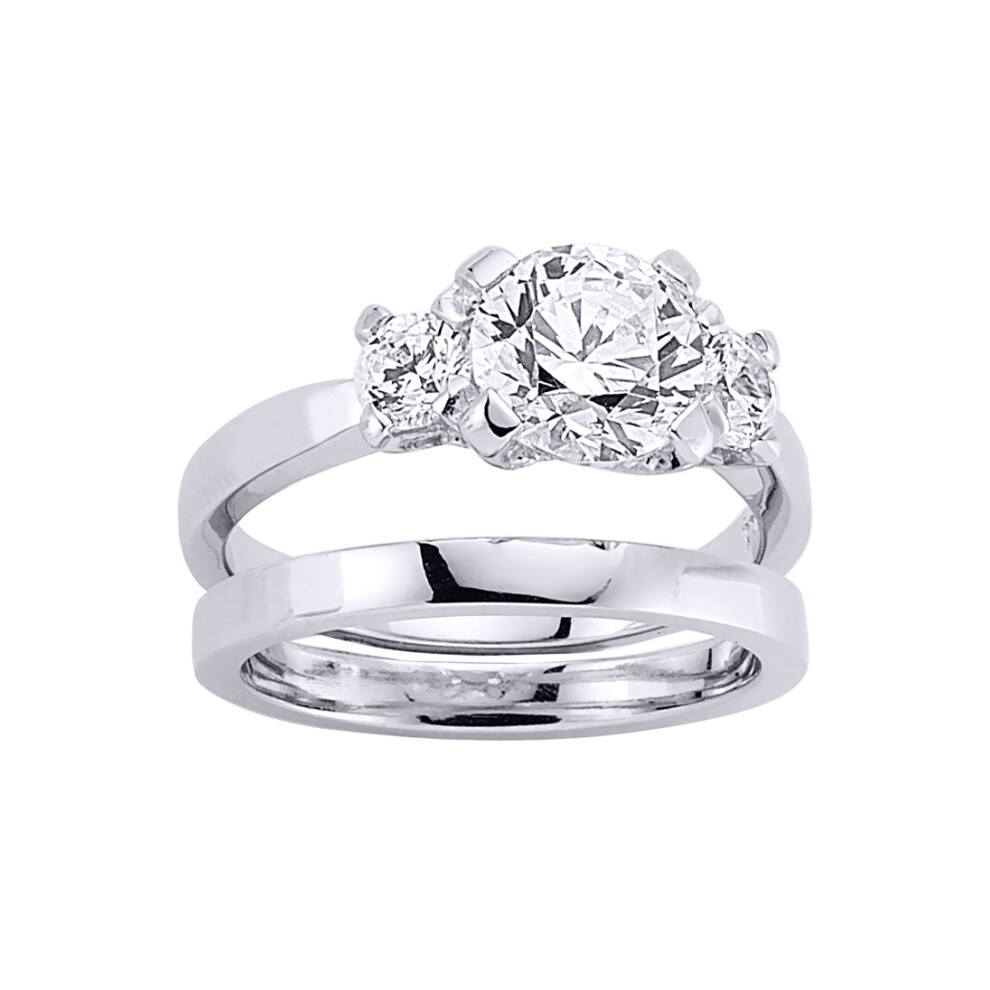 (O) Jewelco London Ladies Rhodium Plated Sterling Silver Cubic Zirconia Wedding Band Bridal Rings Set
