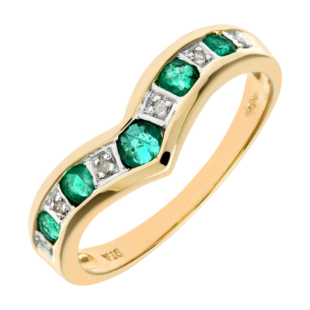 (P) Jewelco London 9ct Yellow Gold Emerald & Diamond Wishbone Ring - Image 2