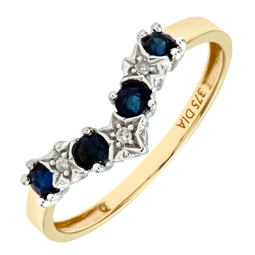(P) Jewelco London 9ct Yellow Gold Sapphire & Diamond Wishbone Ring - Image 2