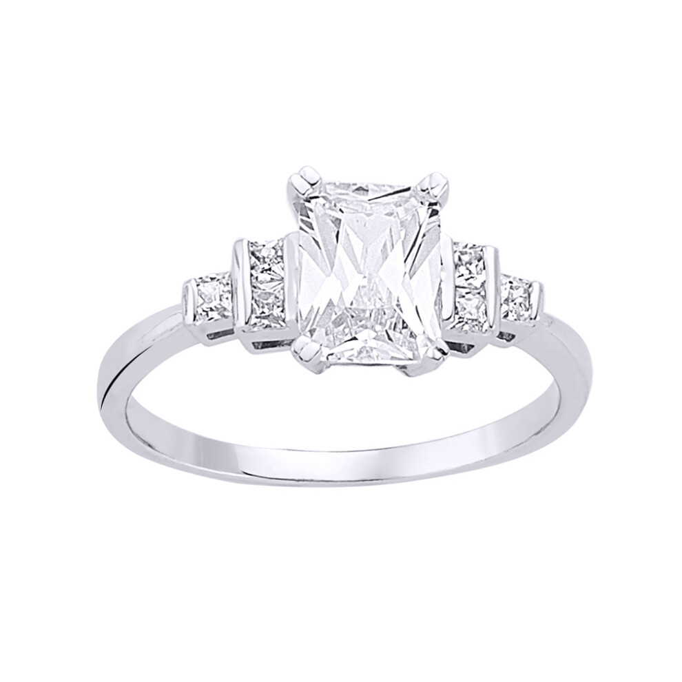 (P) Jewelco London Ladies Rhodium Plated Sterling Silver Emerald and Princess Cut Cubic Zirconia Solitaire Engagement Ring