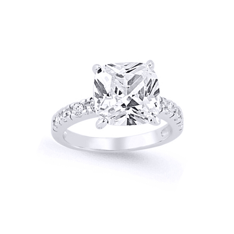 (P) Jewelco London Ladies Rhodium Sterling Silver Asscher Cubic Zirconia Shoulder-Set 4 Claw Solitaire Engagement Ring