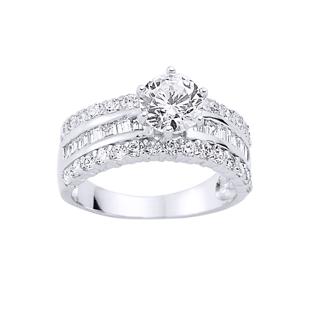 (P) Jewelco London Ladies Rhodium Sterling Silver Baguette Cubic Zirconia Shoulder-Set 6 Claw Solitaire Engagement Ring