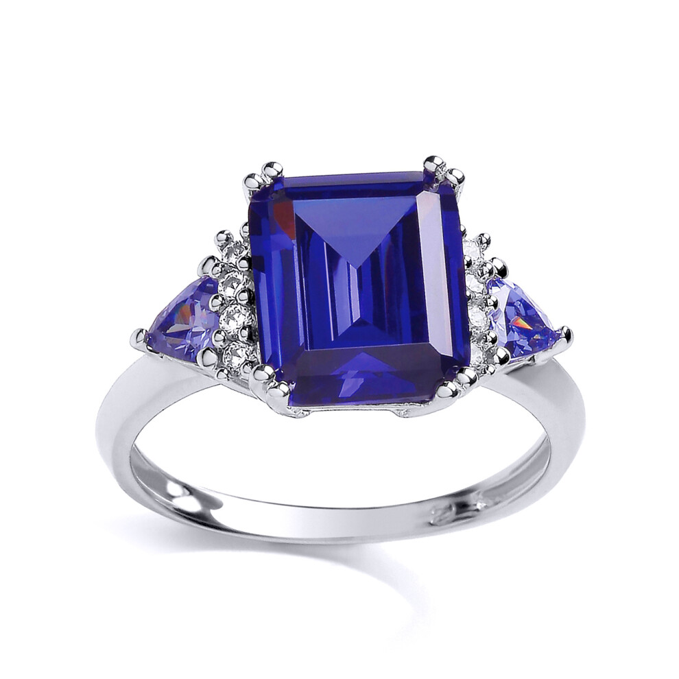 (P) Jewelco London Ladies Rhodium Sterling Silver Purple Round Triangle and Emerald Cut CZ Cluster Cocktail Engagement Ring