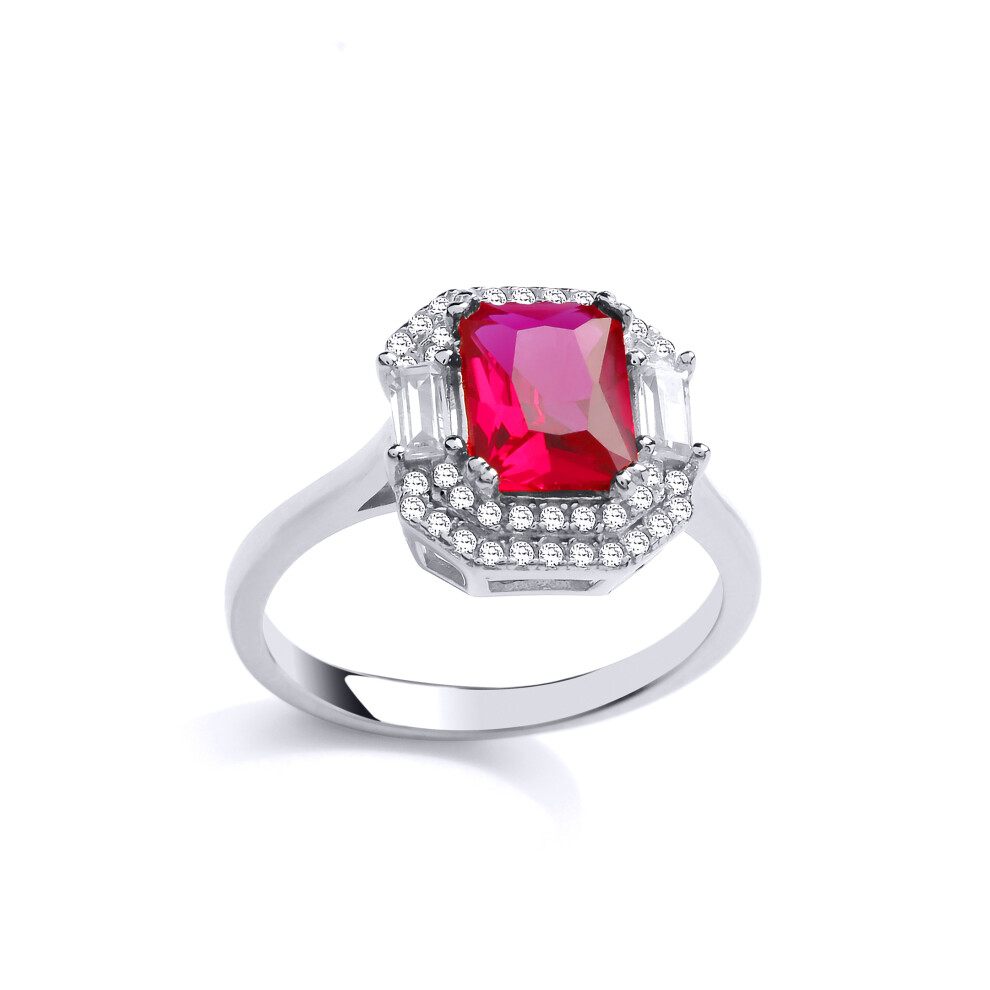 (P) Jewelco London Ladies Rhodium Sterling Silver Red Emerald cut Cubic Zirconia Octagon Amphitheatre Engagement Ring