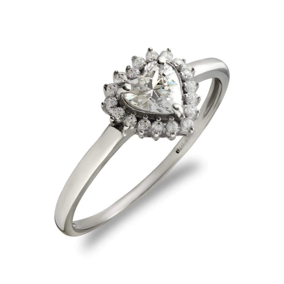 (P) Jewelco London Ladies Solid 9ct White Gold White Heart Cubic Zirconia Love Heart Halo Cluster Ring