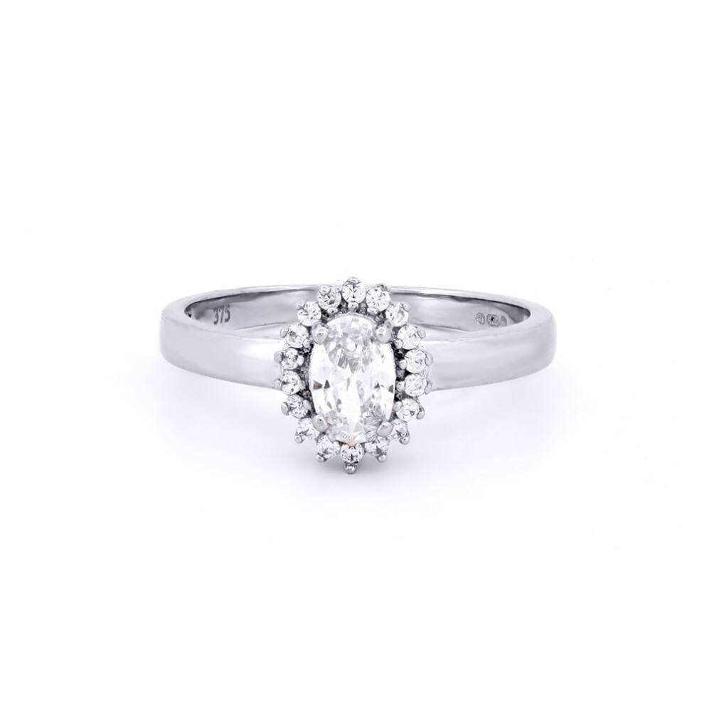 (P) Jewelco London Ladies Solid 9ct White Gold White Oval Cubic Zirconia Royal Princess Style Oval Cluster Ring