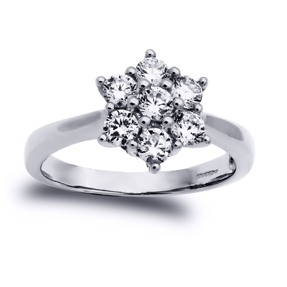 (P) Jewelco London Ladies Solid 9ct White Gold White Round Brilliant Cubic Zirconia 7 Stone Cluster Engagement Ring
