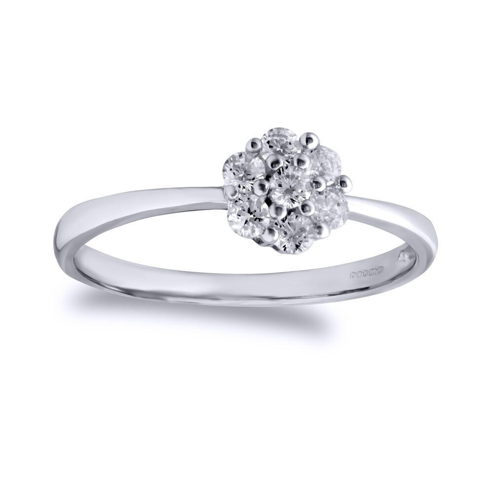 (P) Jewelco London Ladies Solid 9ct White Gold White Round Brilliant Cubic Zirconia 7 Stone Cluster Engagement Ring