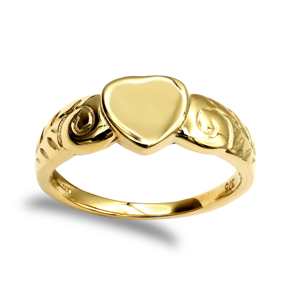 (P) Jewelco London Ladies Solid 9ct Yellow Gold Floral Scroll Heart Signet Ring