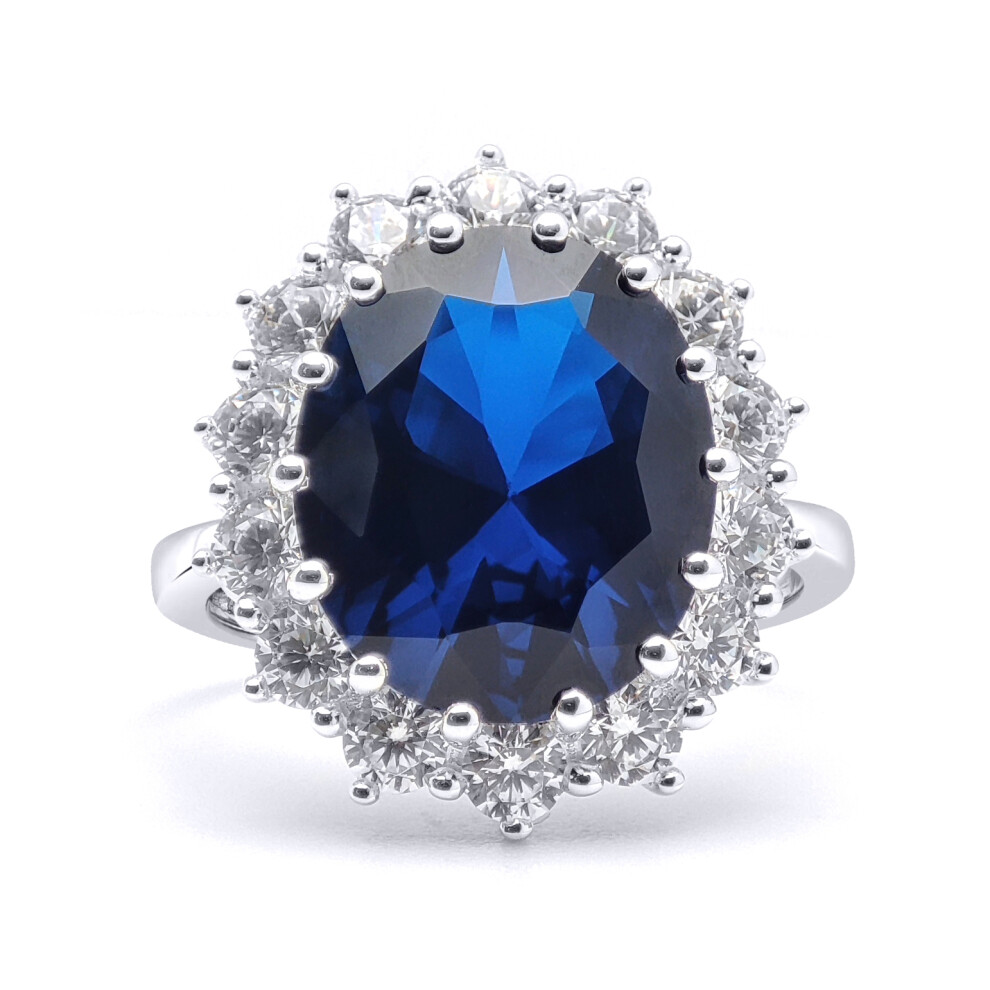 (P) Jewelco London Sterling Silver Blue Oval Cubic Zirconia Princess Diana & Kate Royal 2mm Engagement Ring, 10x12mm - 8-84-9751