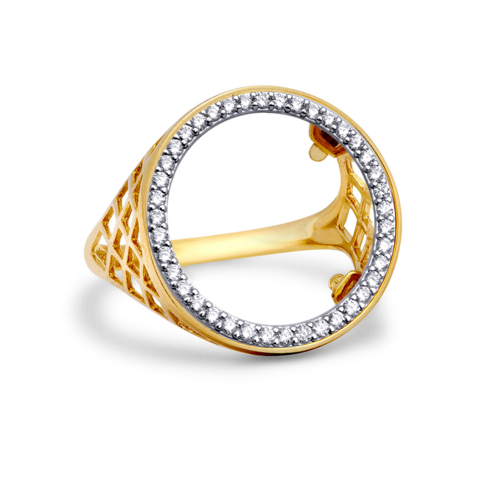 (P) Jewelco London Unisex Solid 9ct Yellow Gold Cubic Zirconia Halo Circle of Life Half Sovereign Coin Mount Ring - JRN168-H-CZ