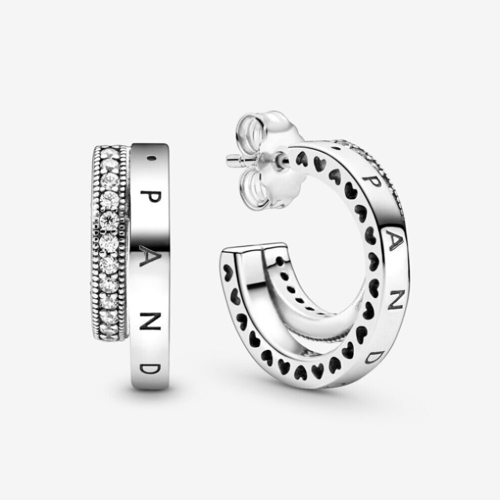 (PavÃ© Double Hoop Earrings 299056C01) (Sparkling Pandora Logo Stud Earrings Sterling silver 290559CZ) Genuine Pandora Sterling Silver S925 ALE PavÃ© Hoop Earrings With Pouch