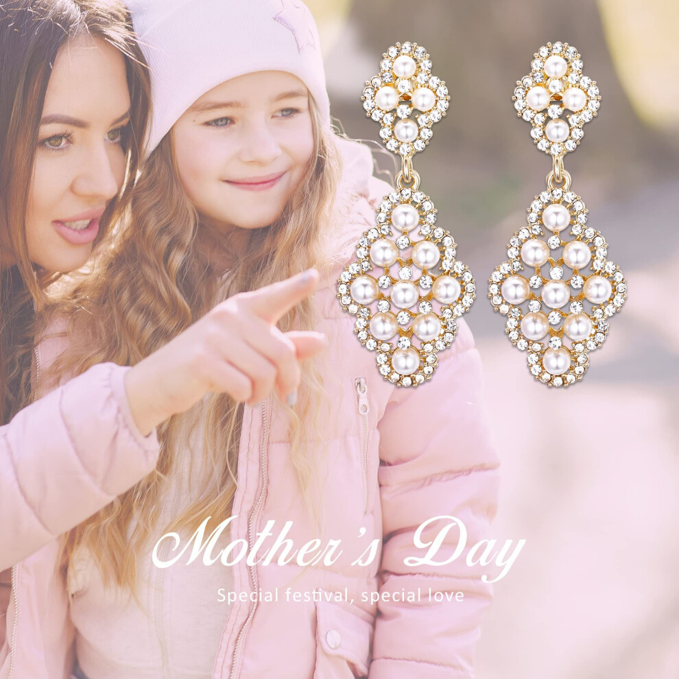 Pearl Clip On Earrings Crystal Simulated Pearl Elegant vintage hollow chandelier dangle clips on earrings - Image 3