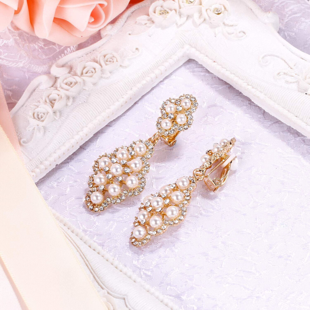 Pearl Clip On Earrings Crystal Simulated Pearl Elegant vintage hollow chandelier dangle clips on earrings - Image 5