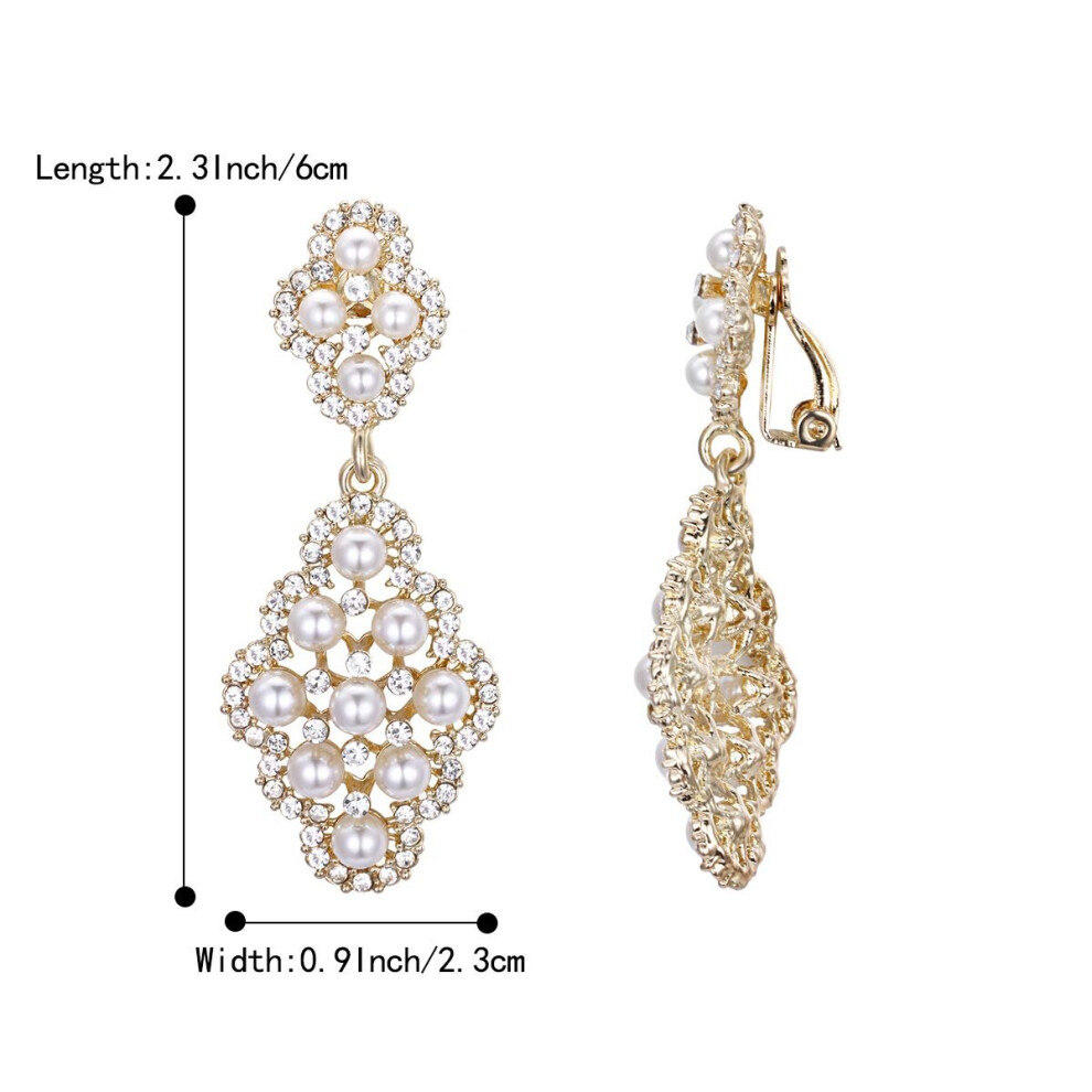 Pearl Clip On Earrings Crystal Simulated Pearl Elegant vintage hollow chandelier dangle clips on earrings - Image 6