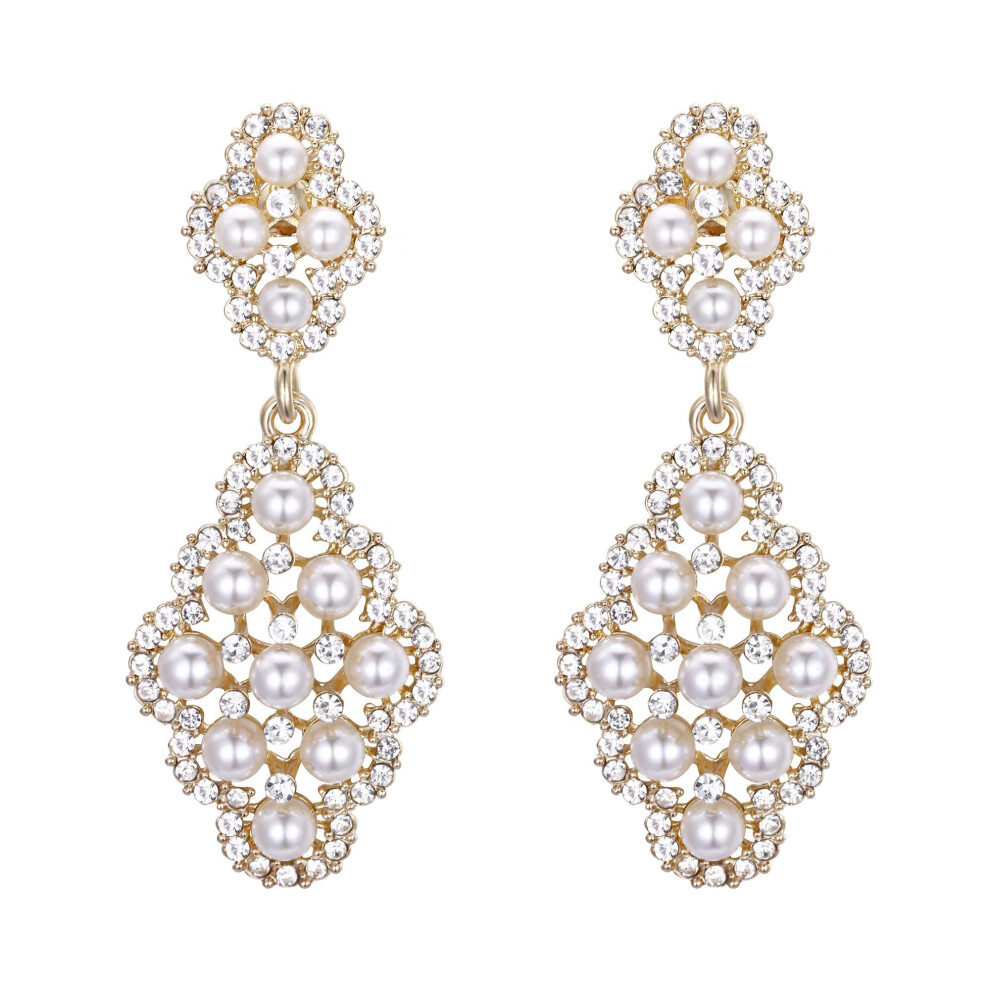 Pearl Clip On Earrings Crystal Simulated Pearl Elegant vintage hollow chandelier dangle clips on earrings