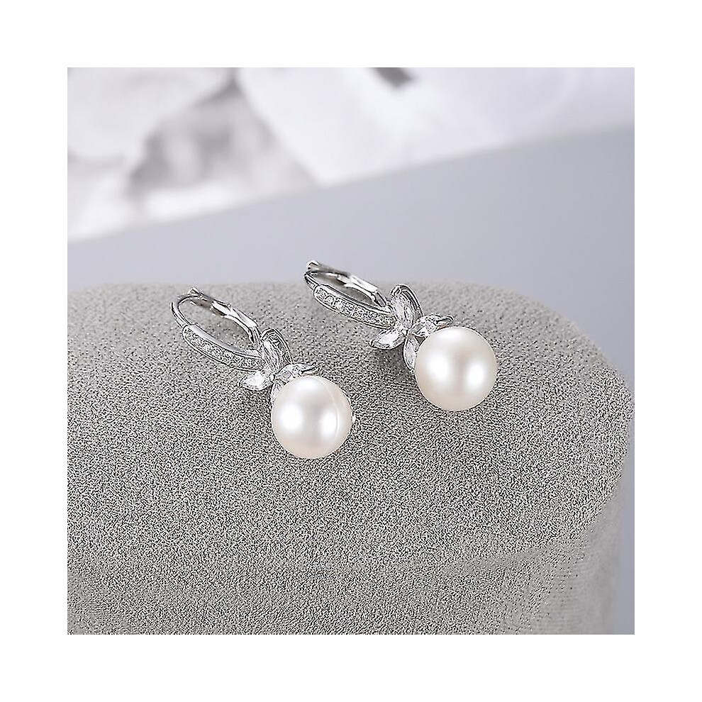 Pearl Dangle Earrings, 925 Sterling Silver Pearl Earrings Leverback Design, Cz Diamond Pearl Earrings for Women, Ladies 8mm-10mm, Gift for Women - Image 2