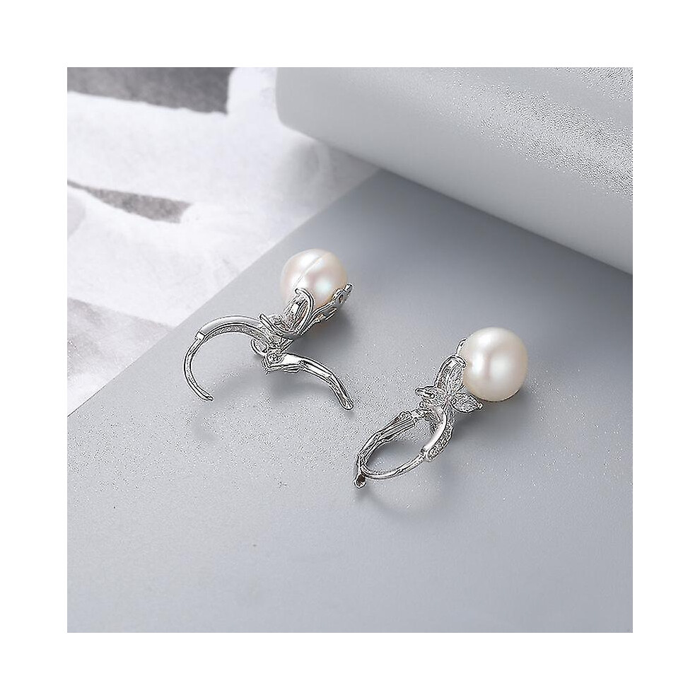 Pearl Dangle Earrings, 925 Sterling Silver Pearl Earrings Leverback Design, Cz Diamond Pearl Earrings for Women, Ladies 8mm-10mm, Gift for Women - Image 3