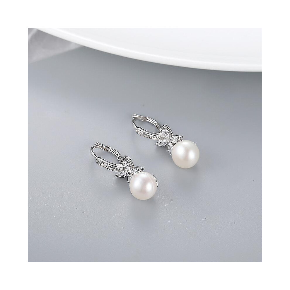 Pearl Dangle Earrings, 925 Sterling Silver Pearl Earrings Leverback Design, Cz Diamond Pearl Earrings for Women, Ladies 8mm-10mm, Gift for Women - Image 4