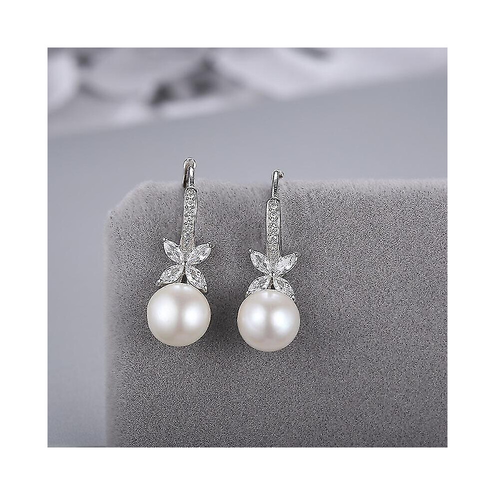 Pearl Dangle Earrings, 925 Sterling Silver Pearl Earrings Leverback Design, Cz Diamond Pearl Earrings for Women, Ladies 8mm-10mm, Gift for Women
