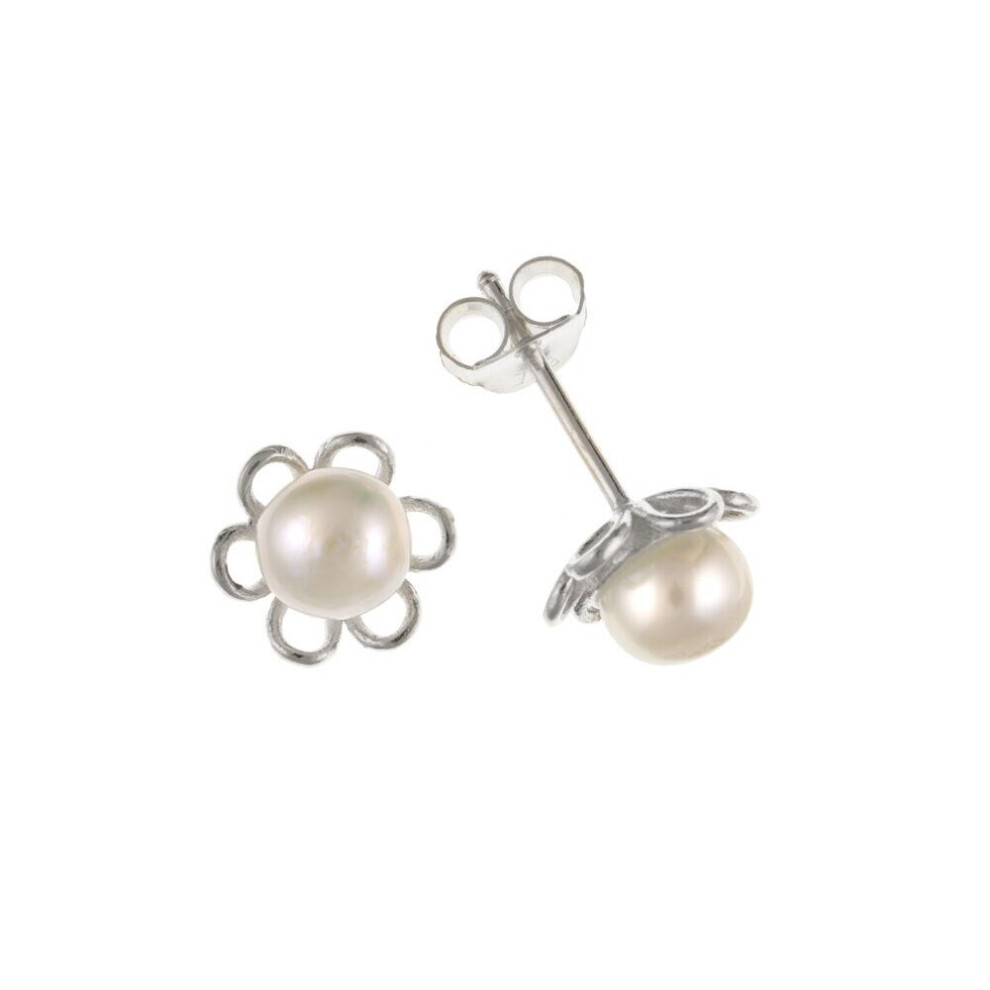 Pearl Earrings Flower Stud Sterling Silver Studs