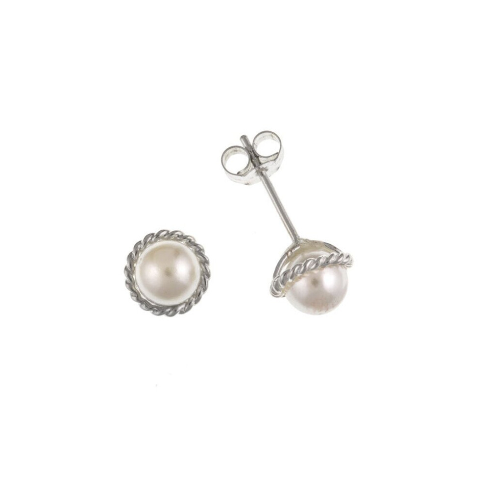 Pearl Earrings Silver Stud Sterling Silver Studs Rope Edge