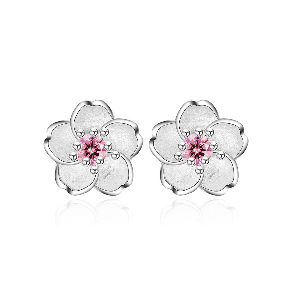 Pink Crystal Flower Earrings Stud 925 Sterling Silver Women