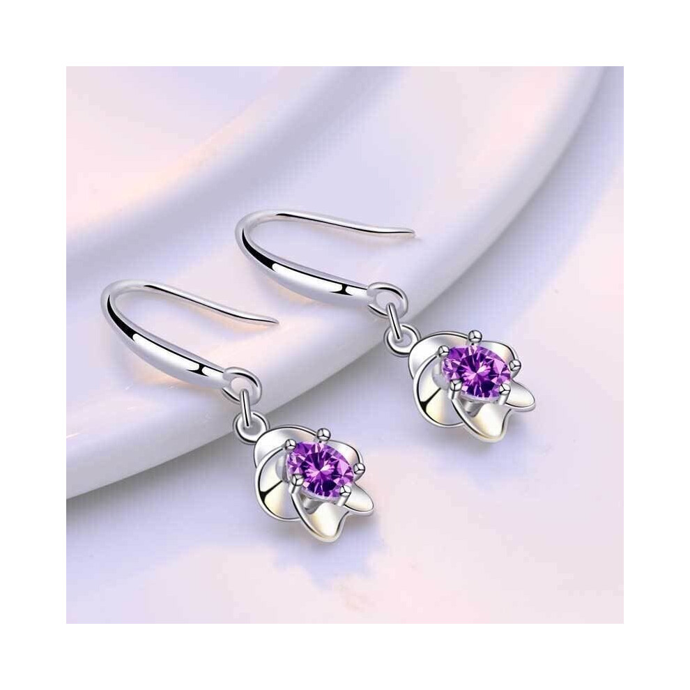 (Purple) 925 Sterling Silver Drop Hook Stud Earrings Women Ladies Girls Jewellery Gift
