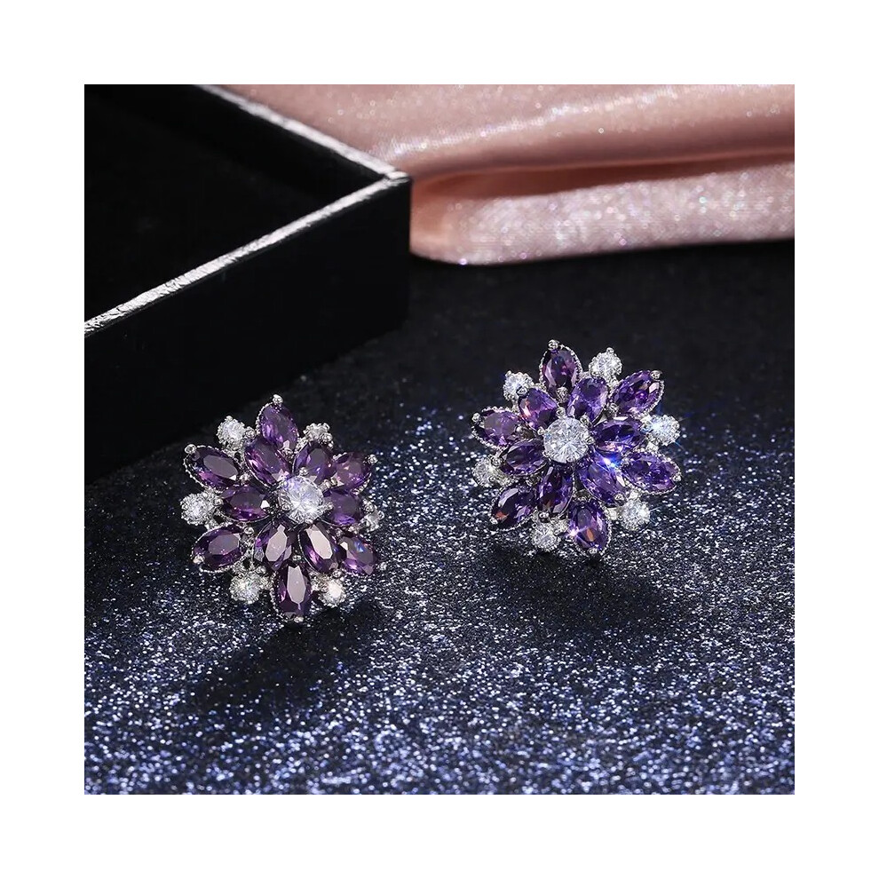 (Purple) Luxury Sunflower Stud Earrings Wedding Silver Plated Jewelry Delicate Gift For Women