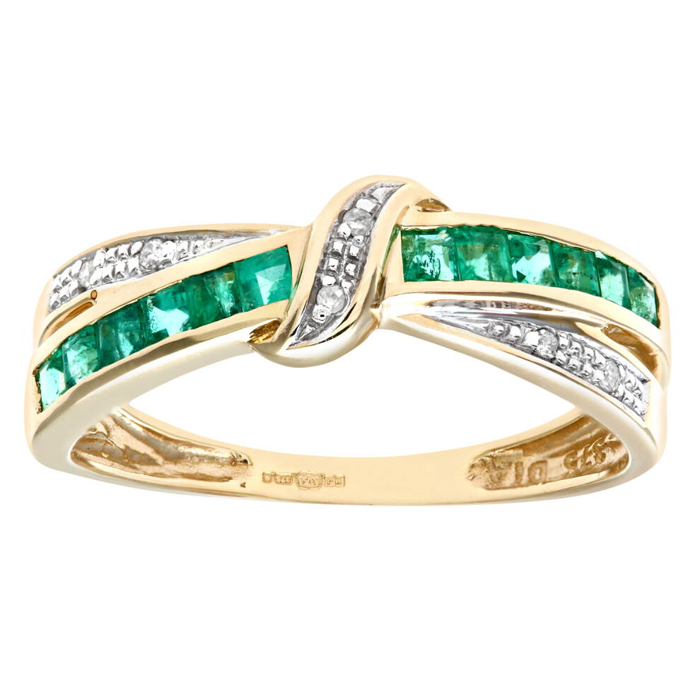 (Q) Jewelco London 9ct Yellow Gold Emerald And Diamond Bow Ring