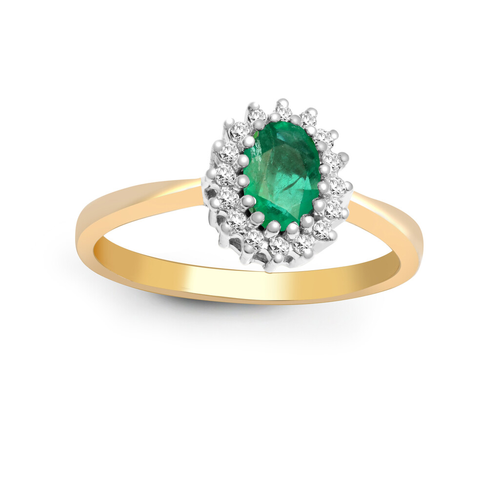 (Q) Jewelco London 9ct Yellow Gold H I2 0.12ct Diamond and Oval Green 0.52ct Emerald Classic Royal Cluster Ring 9mm