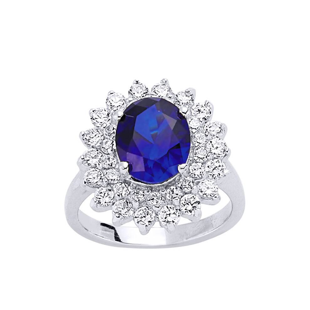 (Q) Jewelco London Ladies Rhodium Plated Sterling Silver Blue and White Oval Cubic Zirconia Royal Cluster Cluster Ring