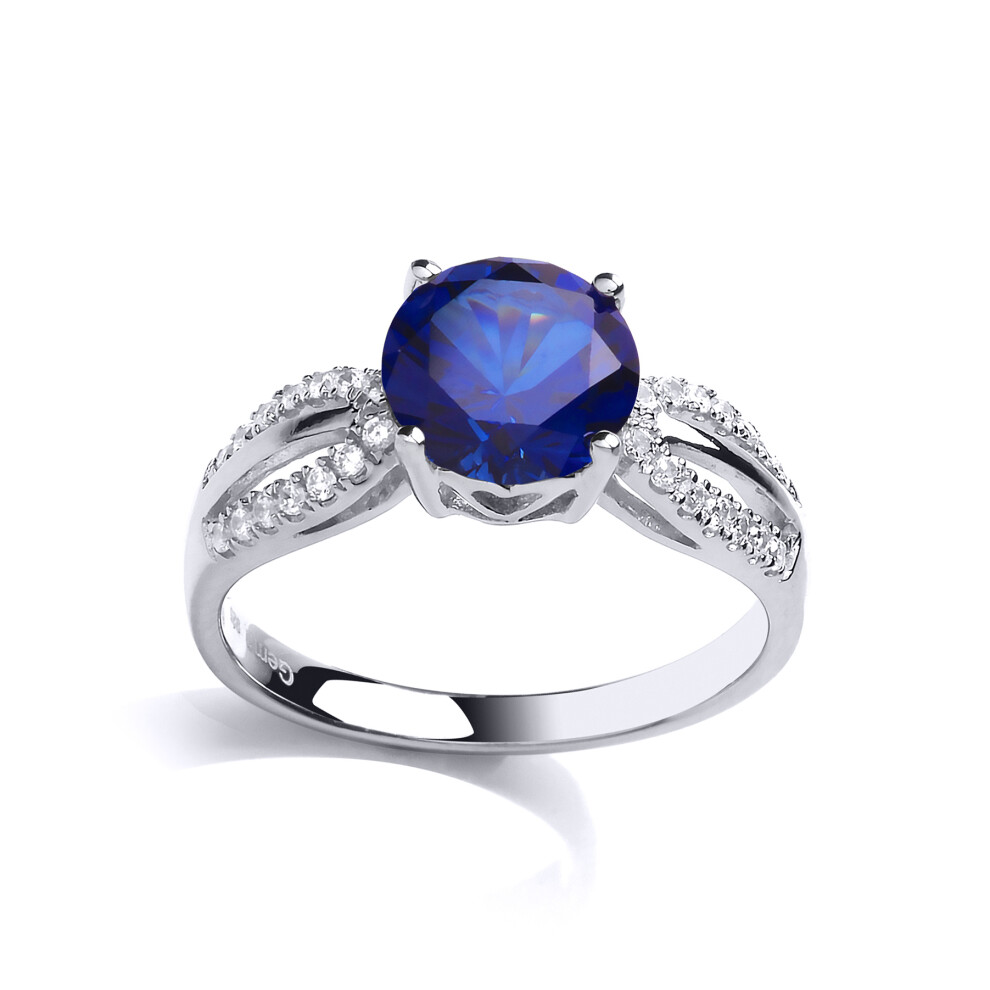 (Q) Jewelco London Ladies Rhodium Plated Sterling Silver Blue Cubic Zirconia Shoulder Set Solitaire Engagement Ring